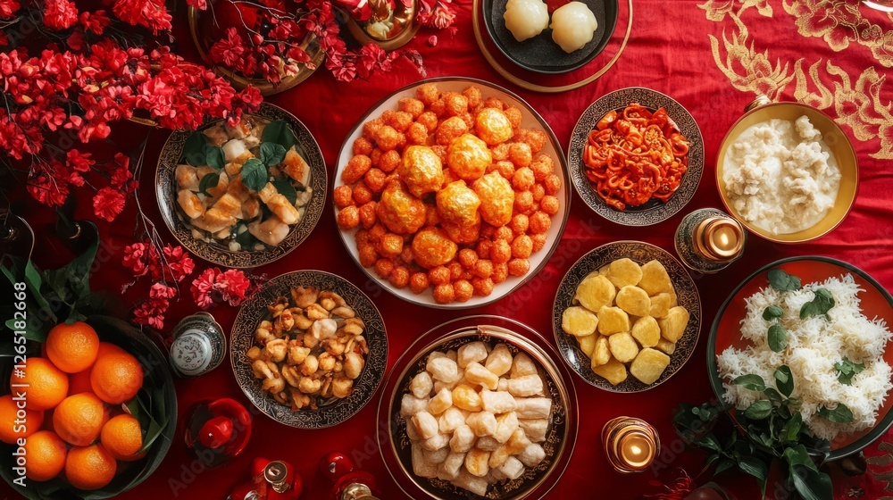 A festive family meal with red and gold decorations, celebrating Lunar New Year A festive family meal with red and gold decorations, celebrating Lunar New Year