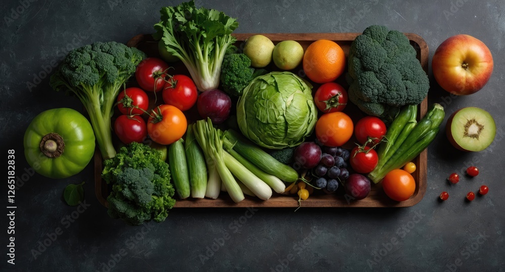 Fresh assorted vegetables and fruits arranged on a wooden tray on dark surface with copy space for text Fresh assorted vegetables and fruits arranged on a wooden tray on dark surface with copy space for text