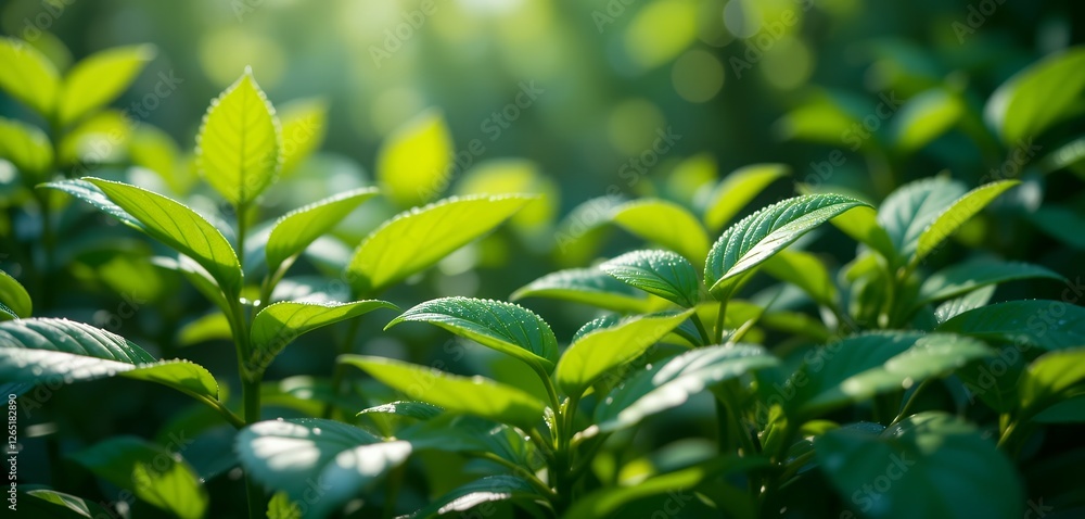 Lush Greenery: Dew-Kissed Leaves Bathed in Sunlight for a Fresh Spring Vibe Lush Greenery: Dew-Kissed Leaves Bathed in Sunlight for a Fresh Spring Vibe