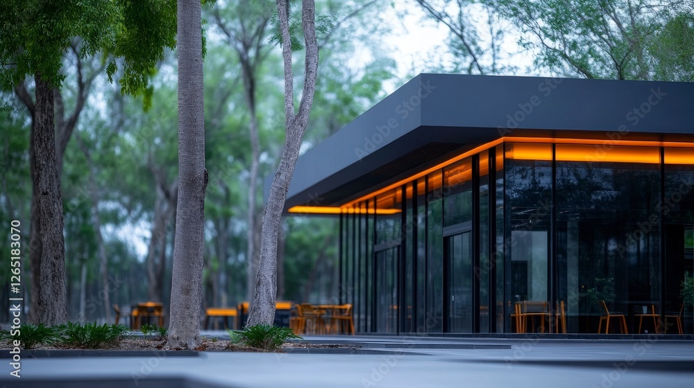 Modern Architectural Structure Surrounded by Lush Green Trees in Tranquil Outdoor Setting with Warm Lighting Modern Architectural Structure Surrounded by Lush Green Trees in Tranquil Outdoor Setting with Warm Lighting