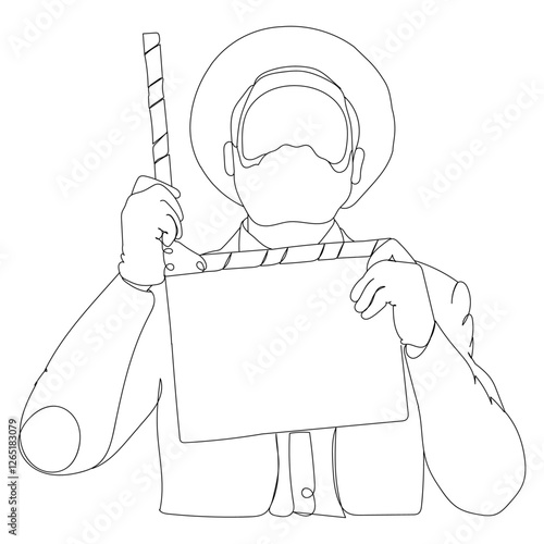 Dessin en ligne continue d'un homme tenant un clap de cinéma dans les mains, line art, vecteur