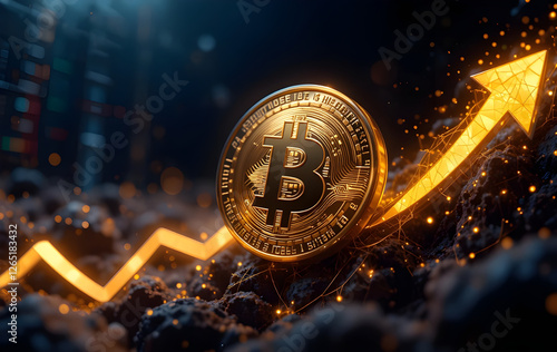 Bitcoin or cryptocurrency prices rise up positive, golden coin with up arrow chart on background
