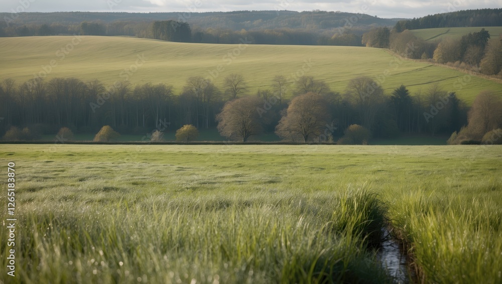 Lush green meadow landscape with distant trees under a bright sky and rolling hills in the background Copy Space Lush green meadow landscape with distant trees under a bright sky and rolling hills in the background Copy Space