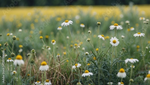 Field of white daisies and yellow wildflowers in soft focus with foreground detail and lush green background Copy Space photo