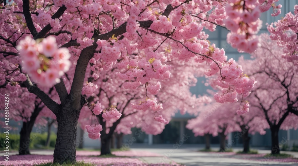 Cherry blossom trees in full bloom with vibrant pink flowers lining a pathway outdoors during daytime. Copy Space. Cherry blossom trees in full bloom with vibrant pink flowers lining a pathway outdoors during daytime. Copy Space.