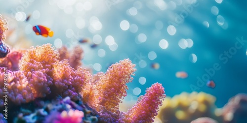 Fototapeta Naklejka Na Ścianę i Meble -  Colorful coral reef thriving in sunlight with tropical fish swimming in australian waters