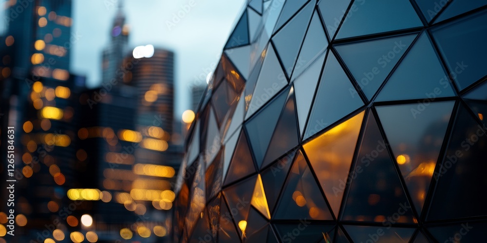 Obraz premium Modern building reflecting city lights at dusk in melbourne, australia
