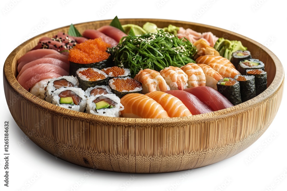 A round platter of sushi with various pieces, isolated on white background. Decor and homemade sushi concept 