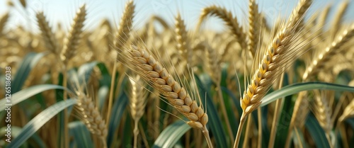 Wheat field close-up with golden ears of wheat against a blurred background of green leaves and sky Copy Space photo