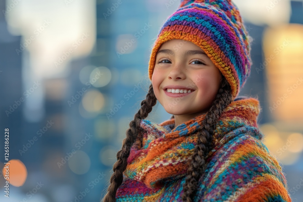 Smiling girl in colorful sweater and hat enjoys city view at sunset with warm smile Smiling girl in colorful sweater and hat enjoys city view at sunset with warm smile