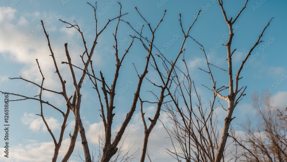 Bare tree branches against a blue sky with clouds in a natural landscape setting featuring Copy Space. Bare tree branches against a blue sky with clouds in a natural landscape setting featuring Copy Space.