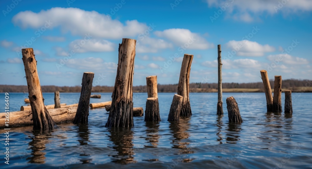 Weathered wooden posts emerging from calm water under a blue sky with clouds Copy Space Weathered wooden posts emerging from calm water under a blue sky with clouds Copy Space