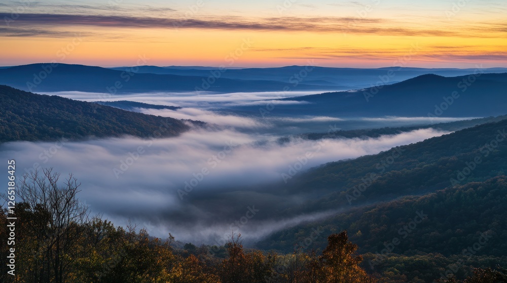 Fototapeta premium Shenandoah Valley Sunrise: Fog-Kissed Mountains at Dawn's First Light