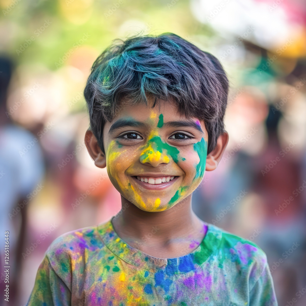 Indian little boy applying colors on face and celebrating holi festival Indian little boy applying colors on face and celebrating holi festival