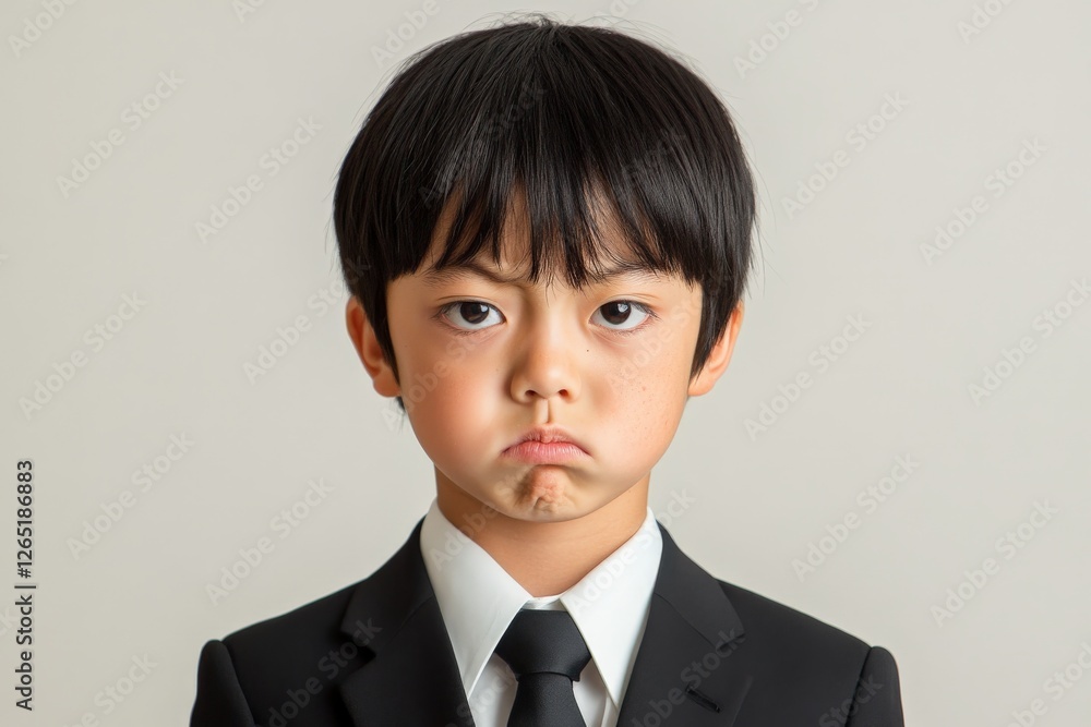 Young boy dressed in formal suit shows displeasure with serious expression in neutral setting Young boy dressed in formal suit shows displeasure with serious expression in neutral setting