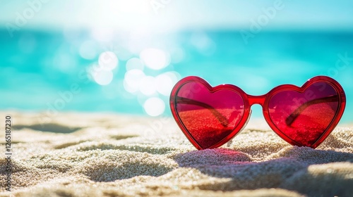 Red Heart Sunglasses on Beach Sand