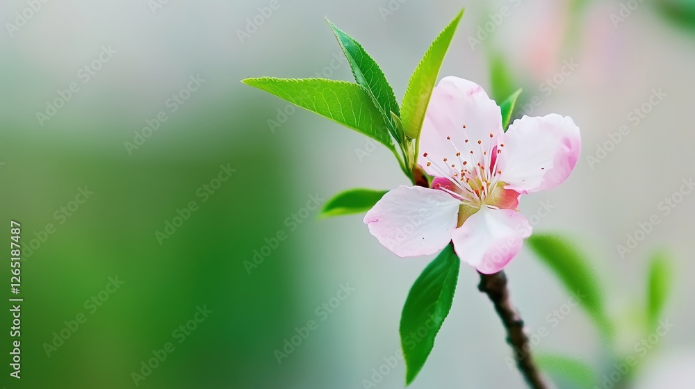Fototapeta premium Delicate Pink Blossom Blooming on a Green Leafy Branch with Soft Focus Background