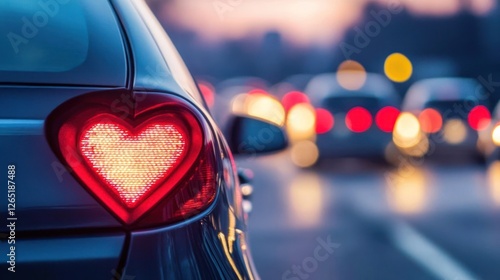 Heart-Shaped Taillight in Evening Traffic: Love on the Road at Twilight
