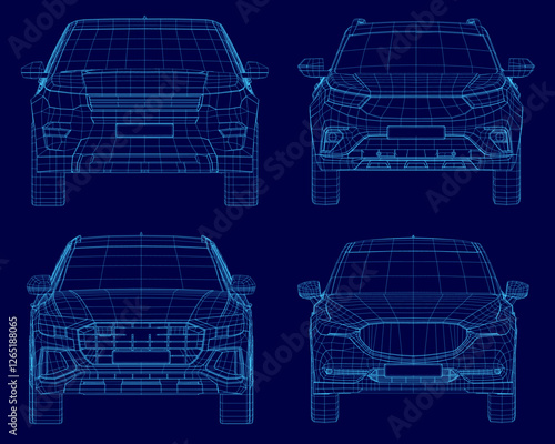 The car is a modern design with a sleek and aerodynamic shape. The blue color of the car gives it a futuristic and high-tech appearance. The car is shown from the front view