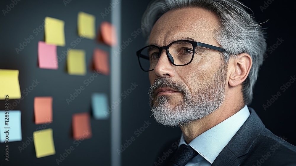 Professional man contemplating ideas in a modern office environment with sticky notes in the background Professional man contemplating ideas in a modern office environment with sticky notes in the background