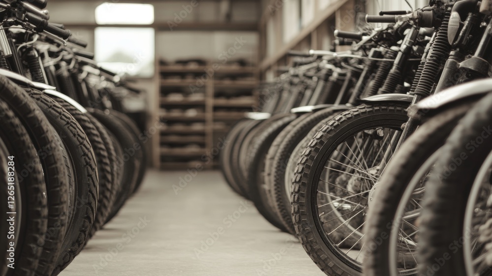 Fototapeta premium Motorcycle workshop, rows of bikes, storage, interior