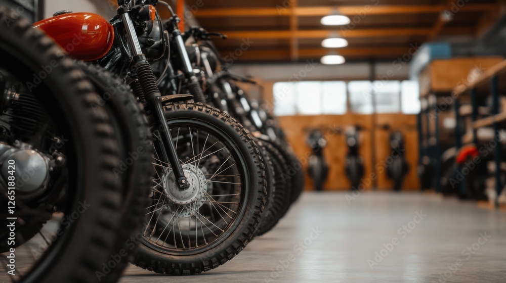 Motorcycles lined up in workshop; repair shop background Motorcycles lined up in workshop; repair shop background