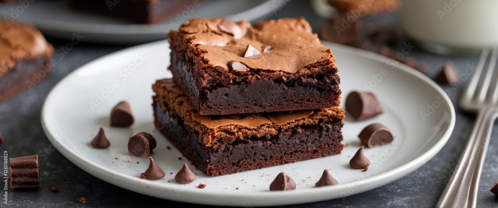 Brownie squares stacked on a white plate with chocolate chips scattered around, dark background, with copy space available Brownie squares stacked on a white plate with chocolate chips scattered around, dark background, with copy space available