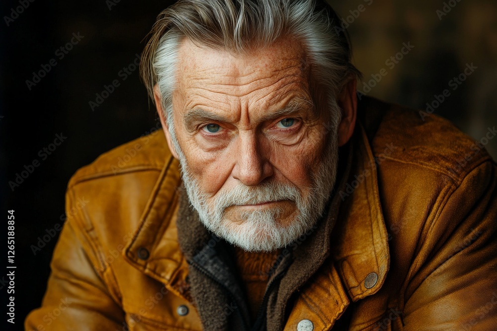 Elderly man with expressive eyes wearing a brown leather jacket against a dark background Elderly man with expressive eyes wearing a brown leather jacket against a dark background