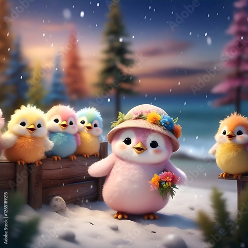 A pink penguin and adorable colorful birds playing in a snowy winter landscape at sunset.