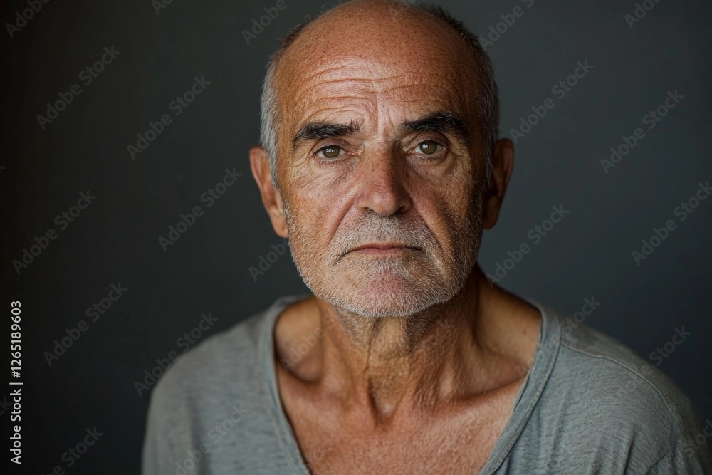Obraz premium Elderly man with thoughtful expression in casual gray shirt against dark background