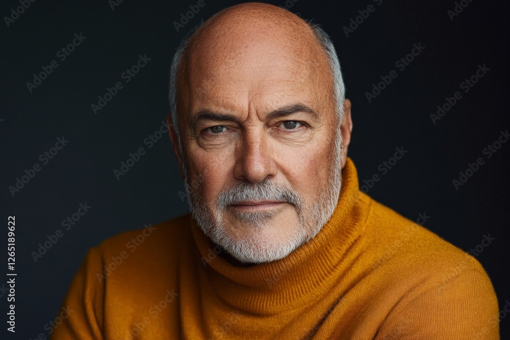 Mature man in a turtleneck sweater poses for a close-up portrait with a serious expression against a dark background Mature man in a turtleneck sweater poses for a close-up portrait with a serious expression against a dark background
