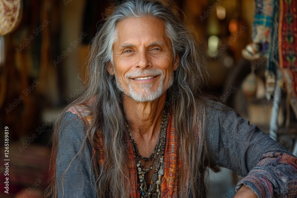 Smiling man with long hair and beads showcases traditional attire and cultural heritage in a vibrant market setting Smiling man with long hair and beads showcases traditional attire and cultural heritage in a vibrant market setting
