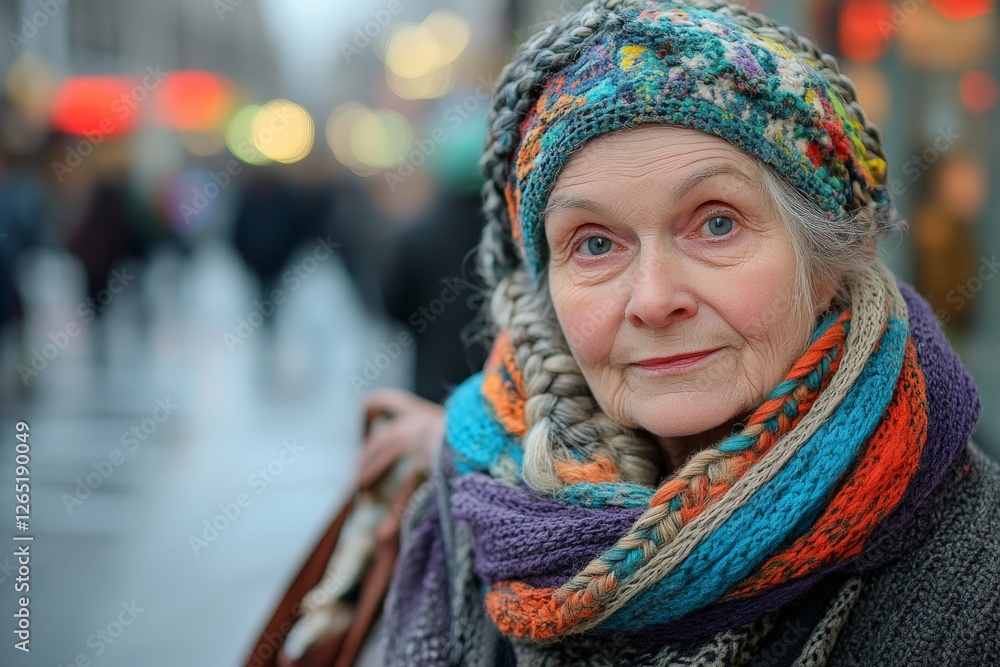 Elderly woman with colorful scarf and hat walks through a busy city street during winter Elderly woman with colorful scarf and hat walks through a busy city street during winter