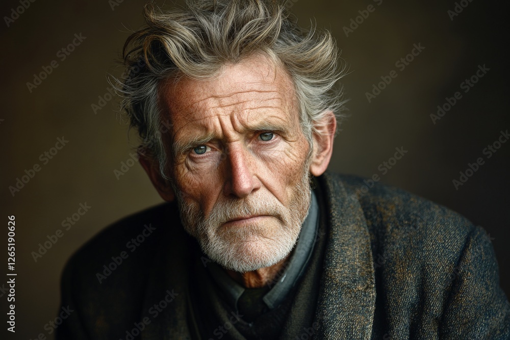 Weathered man gazes intently, reflecting years of life experiences and emotions in a soft, muted background Weathered man gazes intently, reflecting years of life experiences and emotions in a soft, muted background
