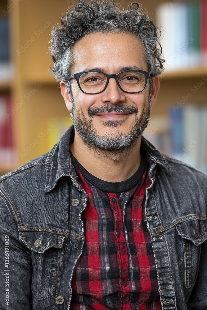 Smiling man with glasses poses in a library, showcasing casual style and warm demeanor while engaging with the camera Smiling man with glasses poses in a library, showcasing casual style and warm demeanor while engaging with the camera