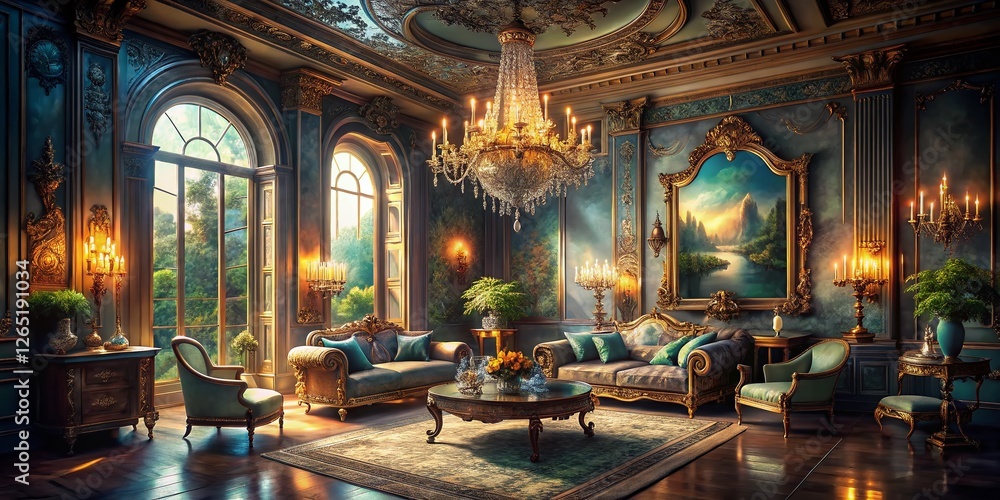 Surreal Luxurious Living Room: Chandelier, Classic Furniture, Dreamlike Interior Surreal Luxurious Living Room: Chandelier, Classic Furniture, Dreamlike Interior