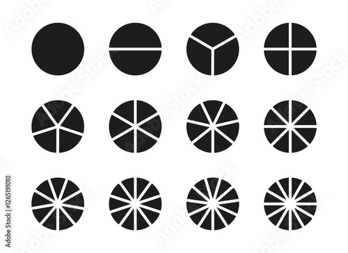 Pie chart template. Diagram wheel parts from 1 to 12. Sectors divide the circle on equal parts. Coaching blank. Black minimalist graphics. Set of pizza, pie segmented charts. Segments flat infographic