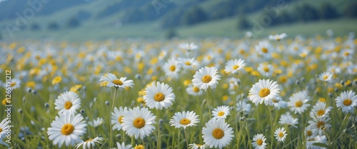 Daisy flower field with vibrant yellow accents in a lush green meadow mountains in background and natural light Copy Space photo