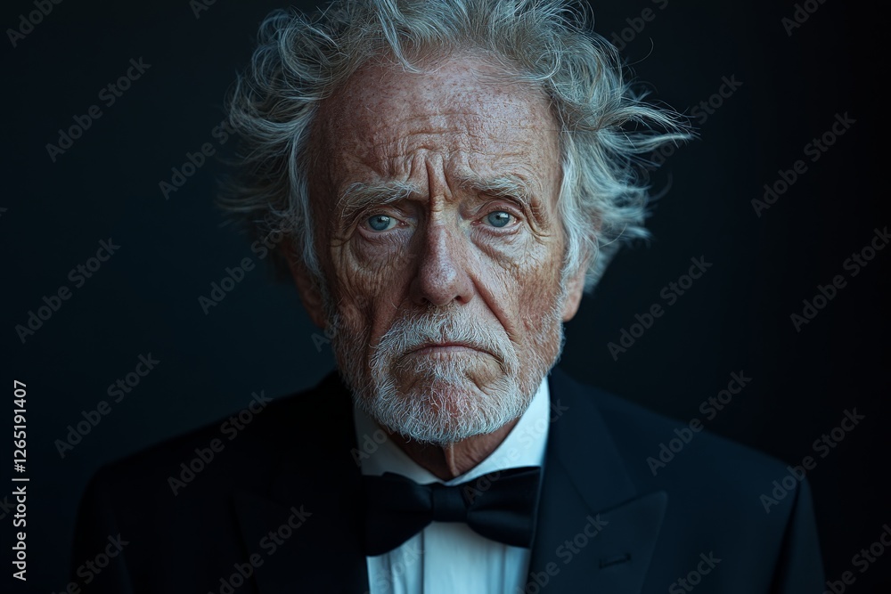 Portrait of an elderly man with expressive features dressed in a tuxedo against a dark background Portrait of an elderly man with expressive features dressed in a tuxedo against a dark background