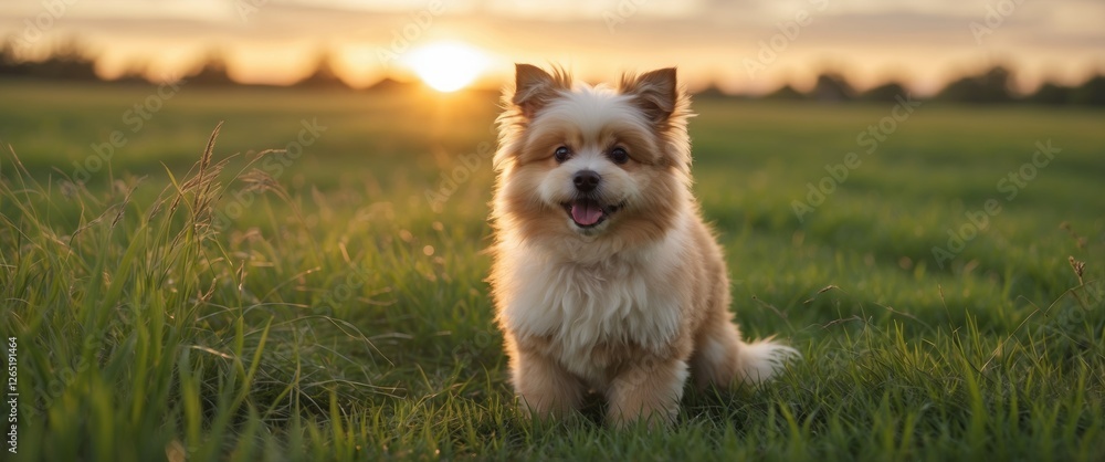 Cute fluffy dog sitting on green grass field at sunset with warm light natural background Copy Space Cute fluffy dog sitting on green grass field at sunset with warm light natural background Copy Space
