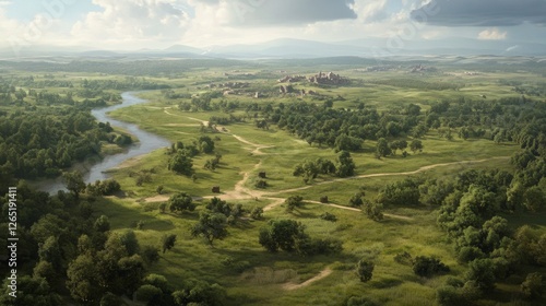 River valley village, aerial view, summer day, background hills photo