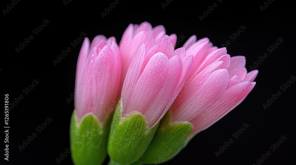 Fototapeta premium Close-up of delicate pink flower buds against black background. Possible use Botanical illustration, nature photography