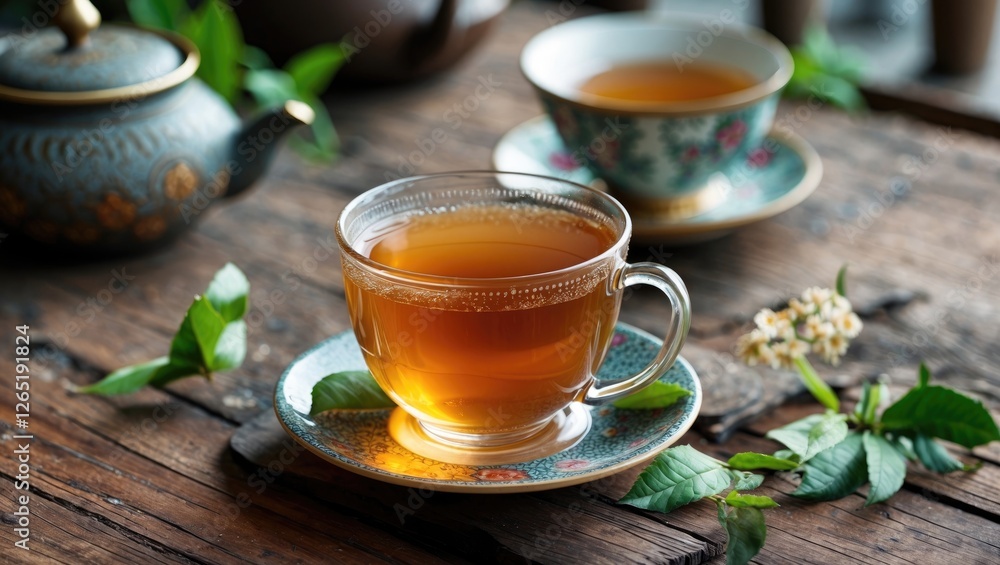 Tea cup with herbal tea on decorative plate surrounded by green leaves, traditional teapot in background, wooden table, natural light, Copy Space. Tea cup with herbal tea on decorative plate surrounded by green leaves, traditional teapot in background, wooden table, natural light, Copy Space.