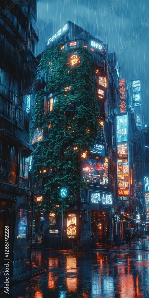 Obraz premium Rain-soaked city street, vibrant neon signs, lush building facade.