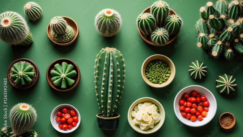 Assorted indoor succulents and cacti in pots with cherry tomatoes and sliced fruit on green background with Copy Space Assorted indoor succulents and cacti in pots with cherry tomatoes and sliced fruit on green background with Copy Space