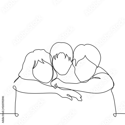 adult son hugging mother and father by the neck, faceless portrait full face - one line art vector