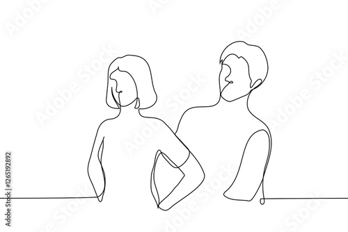 man looking from behind standing man with hands on hips - one line drawing vector. dominant woman and submissive man concept