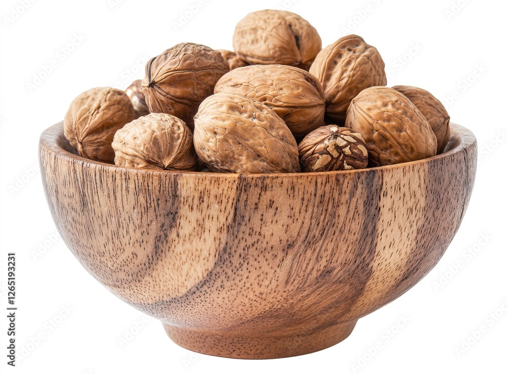 Nuts mixed in a wooden bowl, isolated on a white background with a clipping path, close-up view. Nuts mixed in a wooden bowl, isolated on a white background with a clipping path, close-up view.