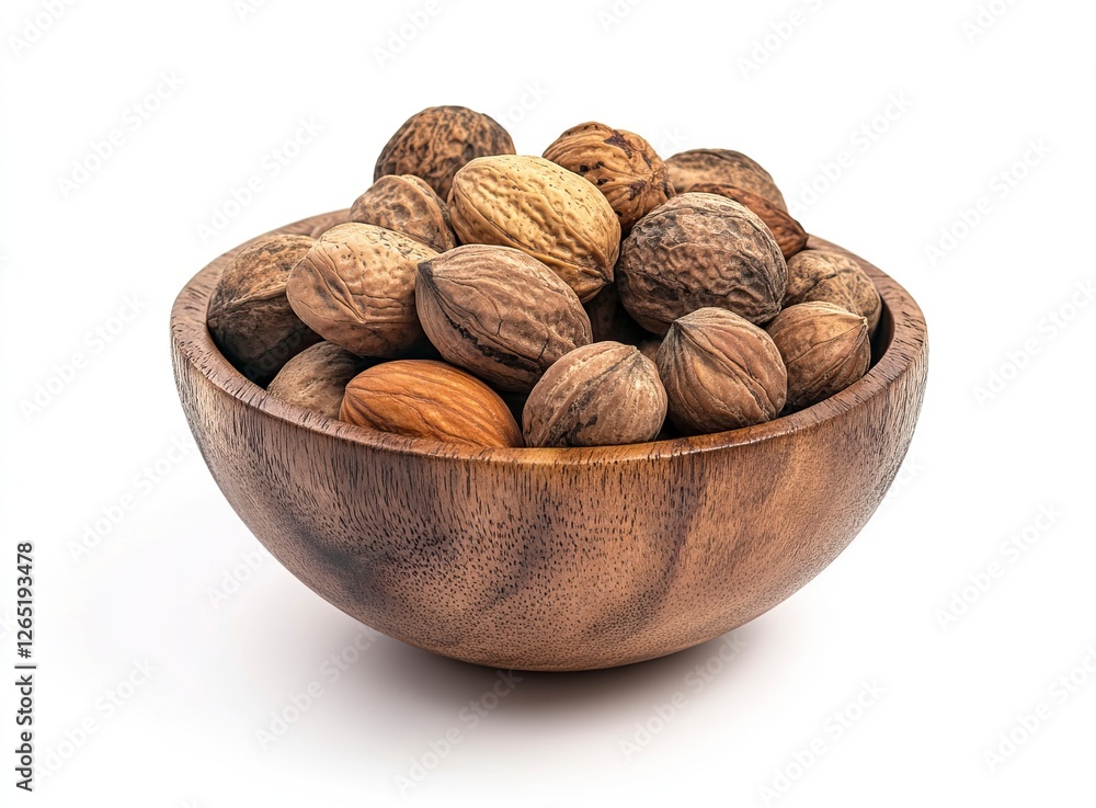 Nuts mixed in a wooden bowl, isolated on a white background with a clipping path, close-up view. Nuts mixed in a wooden bowl, isolated on a white background with a clipping path, close-up view.