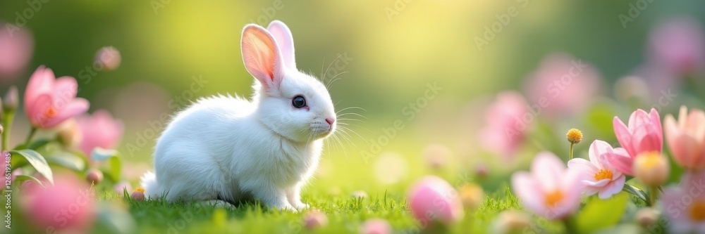 Fluffy white bunny, pastel spring flowers, soft focus, soft, playful Fluffy white bunny, pastel spring flowers, soft focus, soft, playful